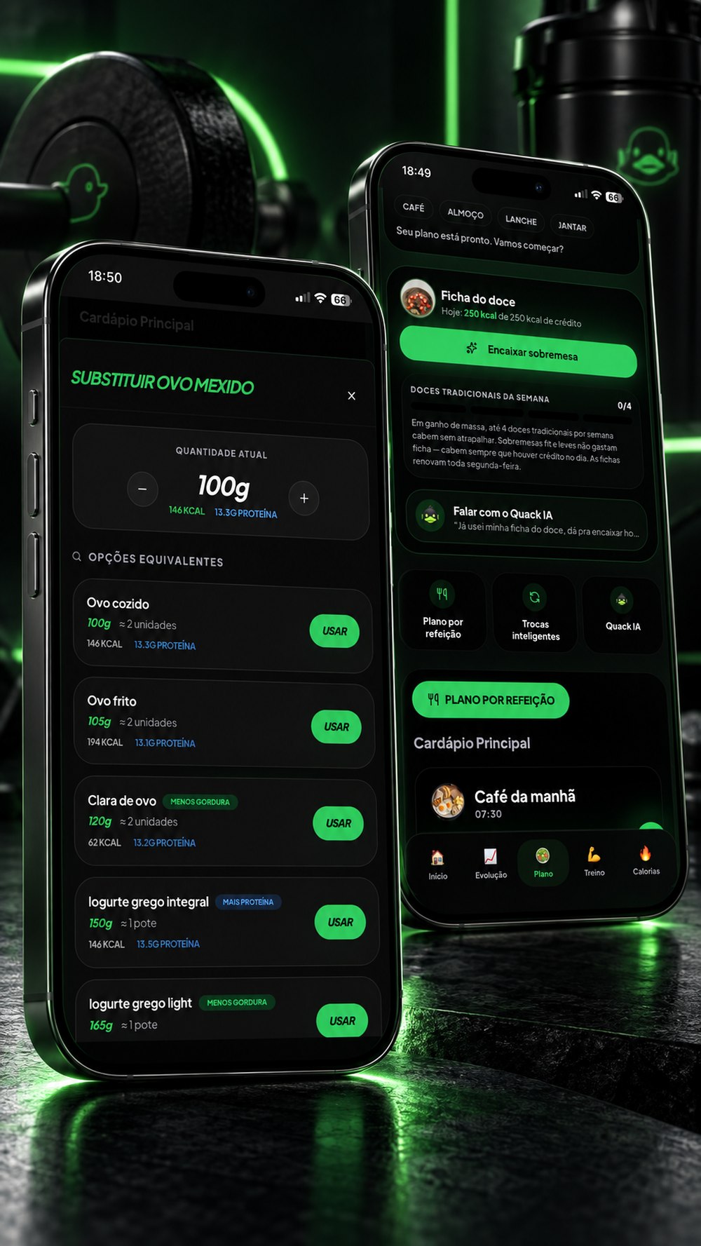 Tela real do QuackFit: substituindo um alimento na dieta sem sair do plano