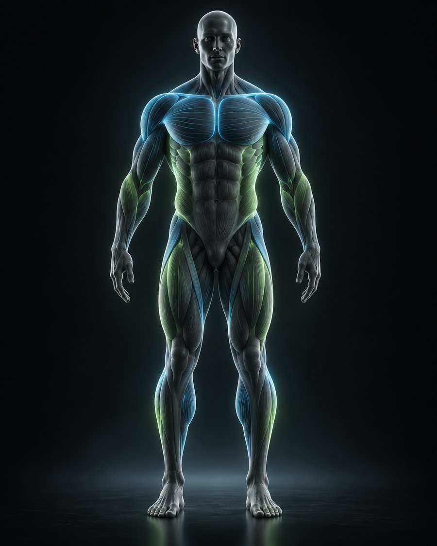 Ilustração real da Avaliação Física do QuackFit, versão masculina